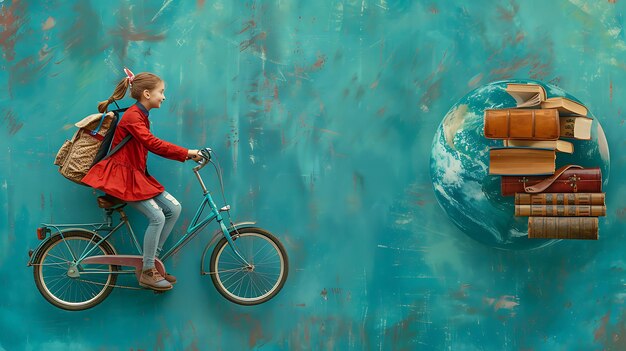 Photo creative collage of cheerful girl riding bicycle returning to school with books and globe