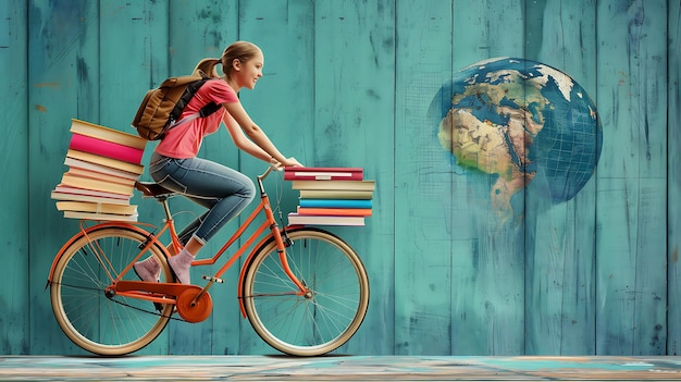 Photo creative collage of cheerful girl riding bicycle returning to school with books and globe