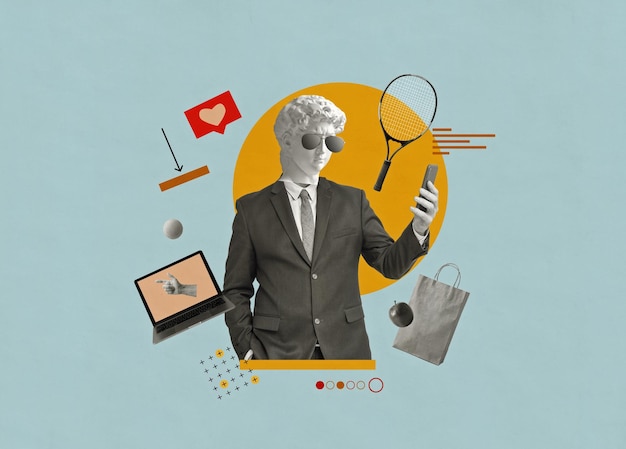 Creative collage modern business man with an antique david39s head