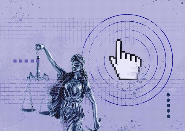 Photo creative collage statue themis with scales of justice