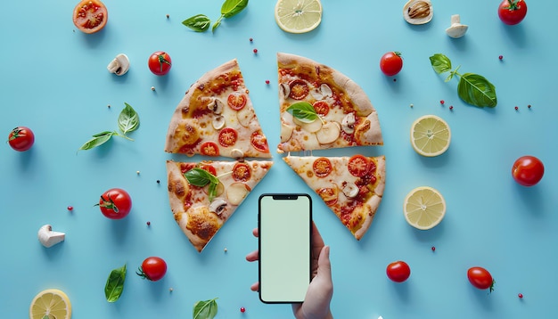 Photo creative collage with hand taking slice of tasty pizza margarita and mobile phone on blue background