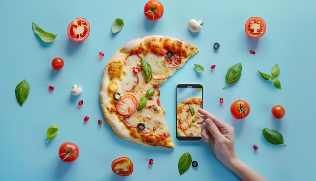 Photo creative collage with hand taking slice of tasty pizza margarita and mobile phone on blue background