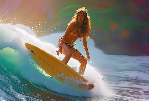 Photo creative colorful banner with image of surfer girl surfing