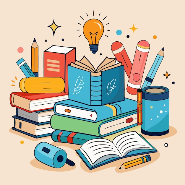 Creative and Colorful Education Illustration with Books and School Supplies