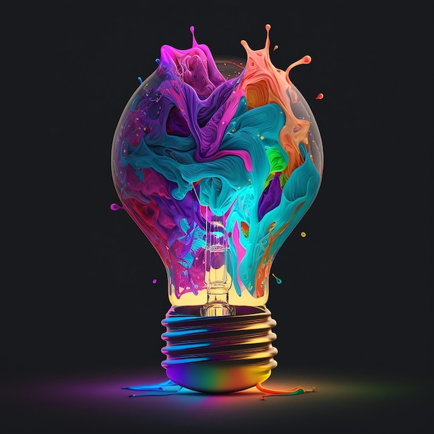 creative colorful lightbulb splash paint innovation art idea sign 3d illustration on dark background