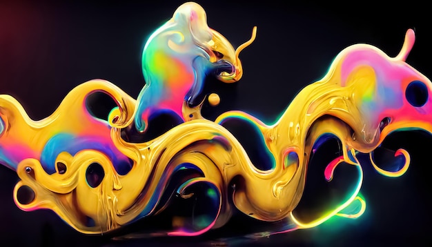 Creative colorful neon gold abstract dynamic psychedelic twisted fluid liquid shape background