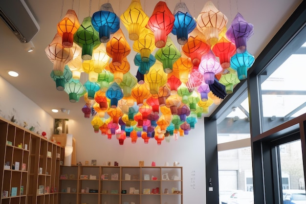 Creative and colorful origami lantern hanging from the ceiling created with generative ai