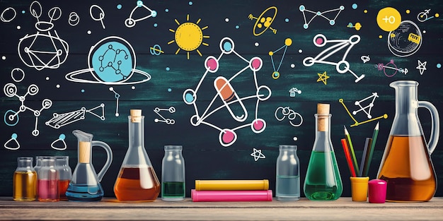 Creative and colorful science education concept with various laboratory glassware against a chalkboard filled with vibrant scientific drawings