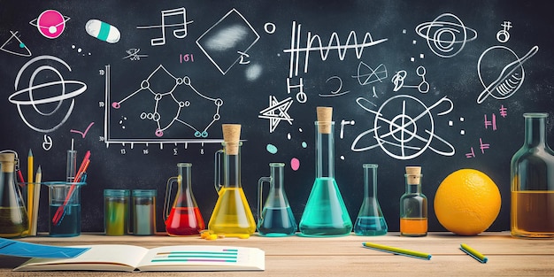 Creative and colorful science education concept with various laboratory glassware against a chalkboard filled with vibrant scientific drawings