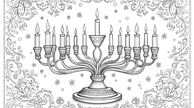 Photo a creative coloring page with menorahs and dreidels surrounded by festive patterns ideal for a hanukkah coloring book