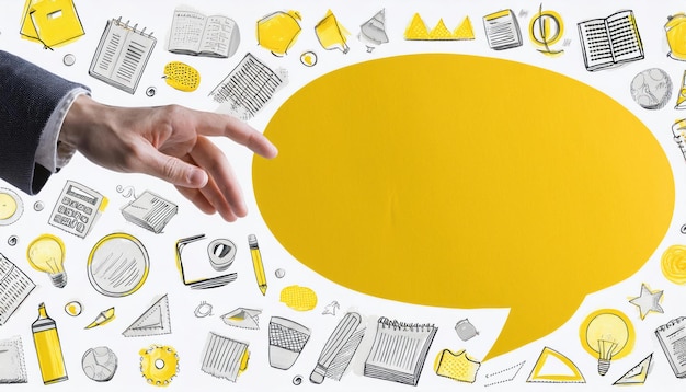 Photo creative communication concept hand grasping yellow speech bubble in collage banner