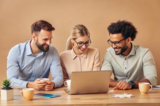 Photo creative composite collage photo of three teammates colleagues employers together solving problems company isolated on beige background