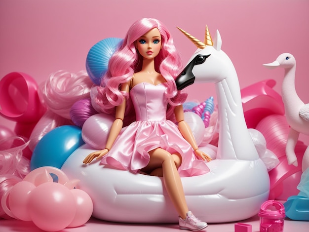 Creative composition of a barbie doll with pink hair and swan unicorn inflatable toy