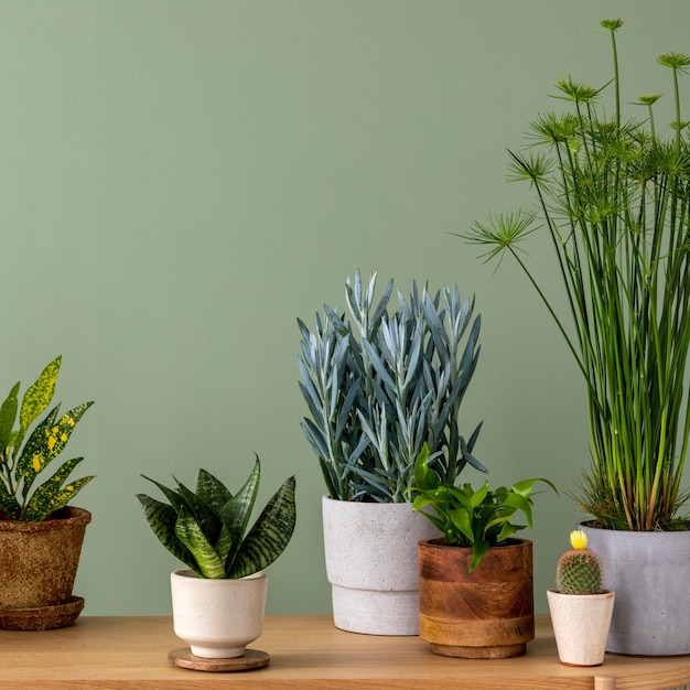 Creative composition of botanic home interior design with lots of plants in classic designed pots