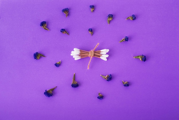 Creative composition of Creative composition of cotton swabs and dried flowers among on very peri back and dried flowers among on very peri back. Concept of Environmental Conservation