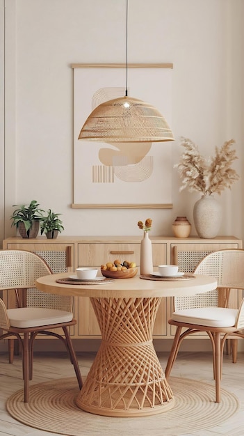 Creative composition of dining room interior with round table rattan chr wooden commode pock up pos