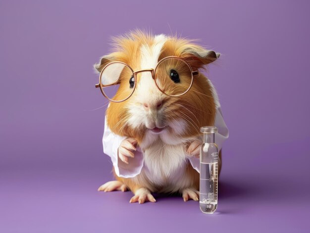 A creative composition featuring a guinea pig dressed as a scientist wearing glasses and holding a test tube arranged with ample space in the frame against a solid purple background