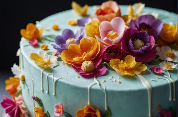 Creative composition of a floralthemed cake adorned with delicate petals