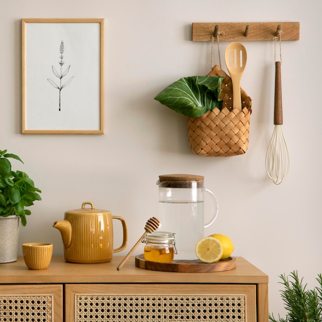 Creative composition of kitchen space with mock up poster frame rattan commode pitcher herbs vegetables lemon banana peach food and kitchen accessories Home decor Template