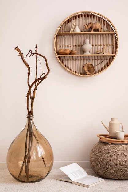 Creative composition of living room interior with round shelf glass vase with dried flowers pouf