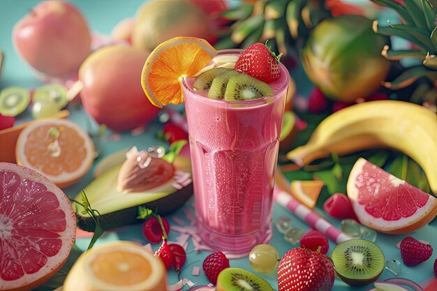 Photo creative composition with different fruits and detox smoothie