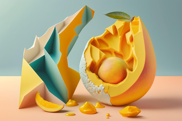 Creative composition with mango and palm leaves on pastel background Summer minimal concept Generative AI