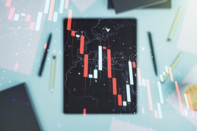 Creative concept of crisis chart illustration and modern digital tablet on background top view Global crisis and bankruptcy concept Multiexposure