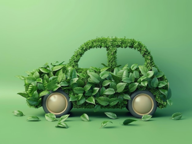 Photo creative concept of an ecofriendly car covered in green leaves symbolizing sustainability and enviro