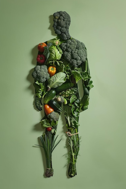 Photo creative concept health vegetarianism health day silhouette of a man made from vegetables