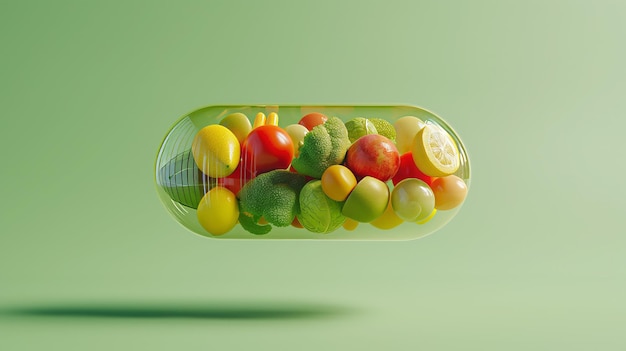 Photo creative concept of healthy food encapsulated in a floating transparent capsule on green background