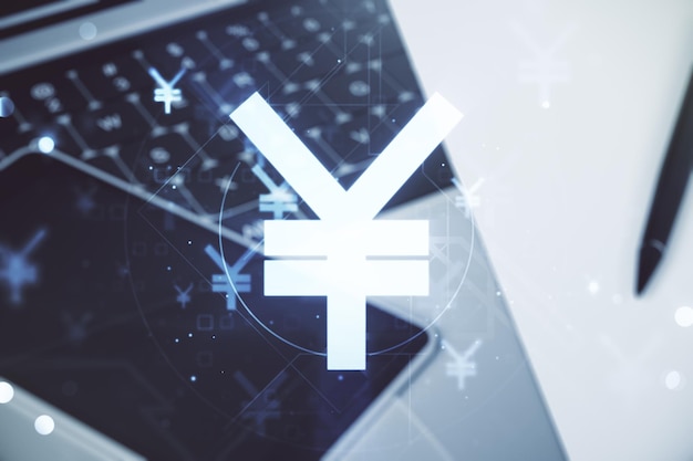 Creative concept of Japanese Yen symbol illustration on modern laptop background Trading and currency concept Multiexposure