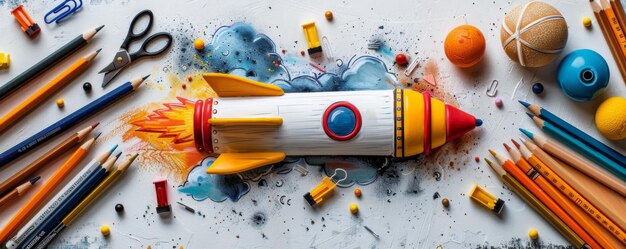 Creative concept of a rocket made from school supplies including pencils markers and scissors