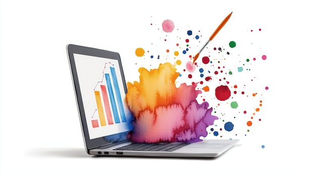 Photo a creative concept showcasing a laptop with colorful splashes and graphs symbolizing the fusion of technology and art