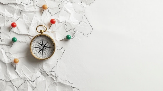 Photo creative concept with compass and colorful push pins on a map