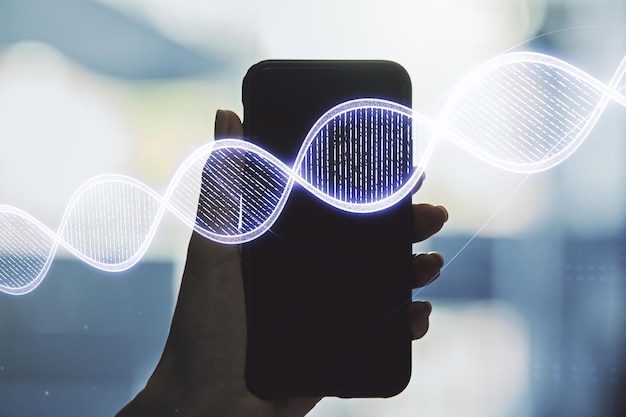 Creative concept with DNA symbol illustration and hand with phone on background Genome research concept Multiexposure