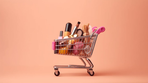 creative concept with shopping trolley with makeup