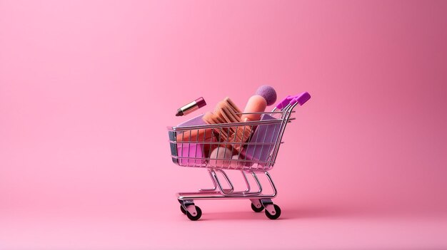 creative concept with shopping trolley with makeup