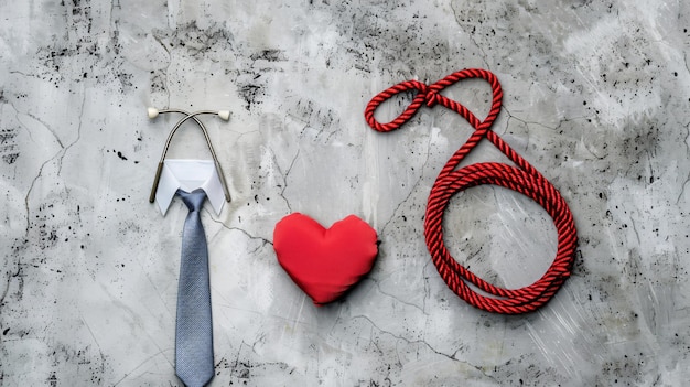 Photo creative concept with tie heart skipping rope and male sign on grey background