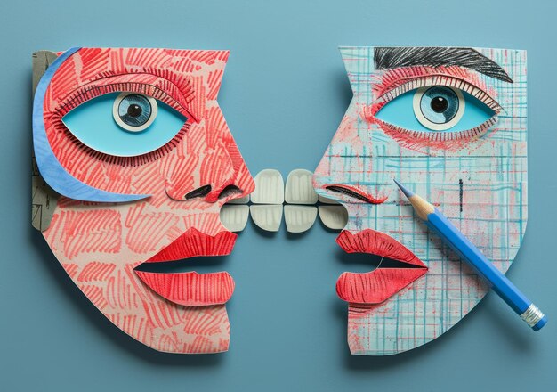 Photo creative conceptual art collage with two colorful faces interacting through paper cutouts and pencil on blue background