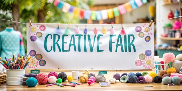 Photo a creative craft fair banner with handmade items and art supplies in the background