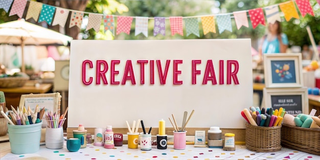 Photo a creative craft fair banner with handmade items and art supplies in the background