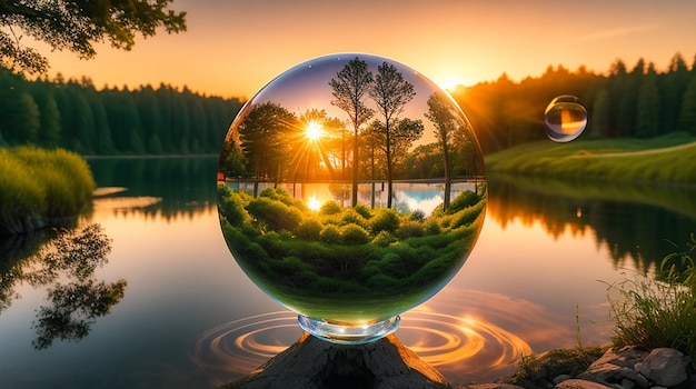 Creative crystal lens ball photography of greenery and a lake at sunset