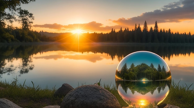 Creative crystal lens ball photography of greenery and a lake at sunset