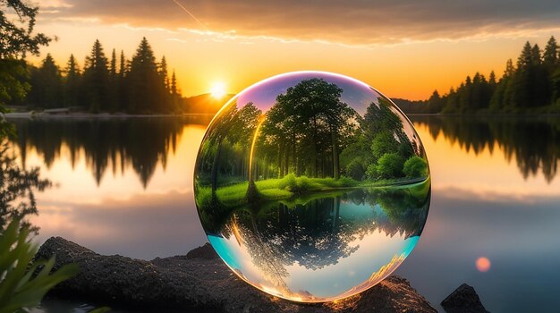 Creative crystal lens ball photography of greenery and a lake at sunset