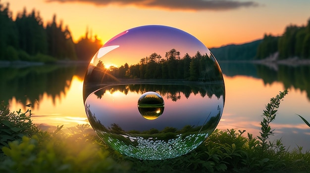 Creative crystal lens ball photography of greenery and a lake at sunset