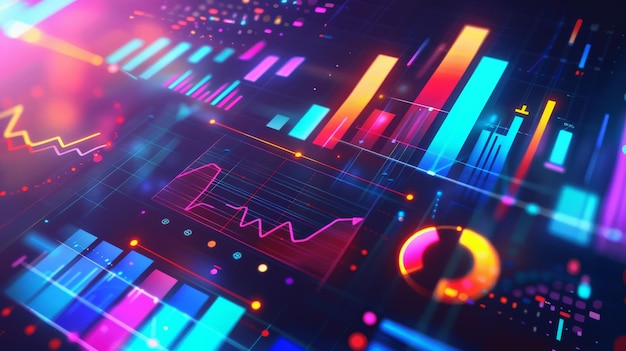 Creative data visualization with abstract charts and graphs in bright neon colors suitable for