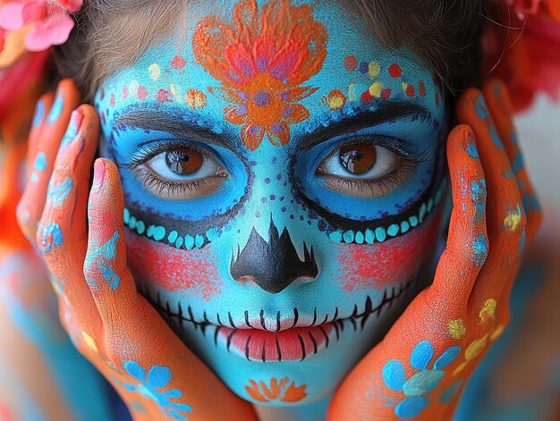 Creative Day of the Dead face paint illustrations featuring intricate sugar skull designs and colorful decorations