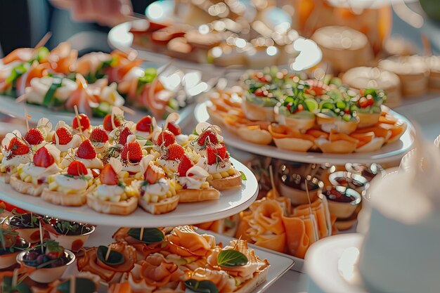 Photo creative and delicious food canapes snacks and appetizers for catering events