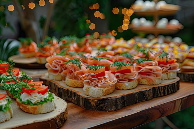 Photo creative and delicious food canapes snacks and appetizers for catering events