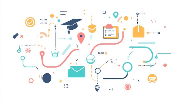 Creative design featuring various educational and digital icons on a white background highlighting learning pathways and tools